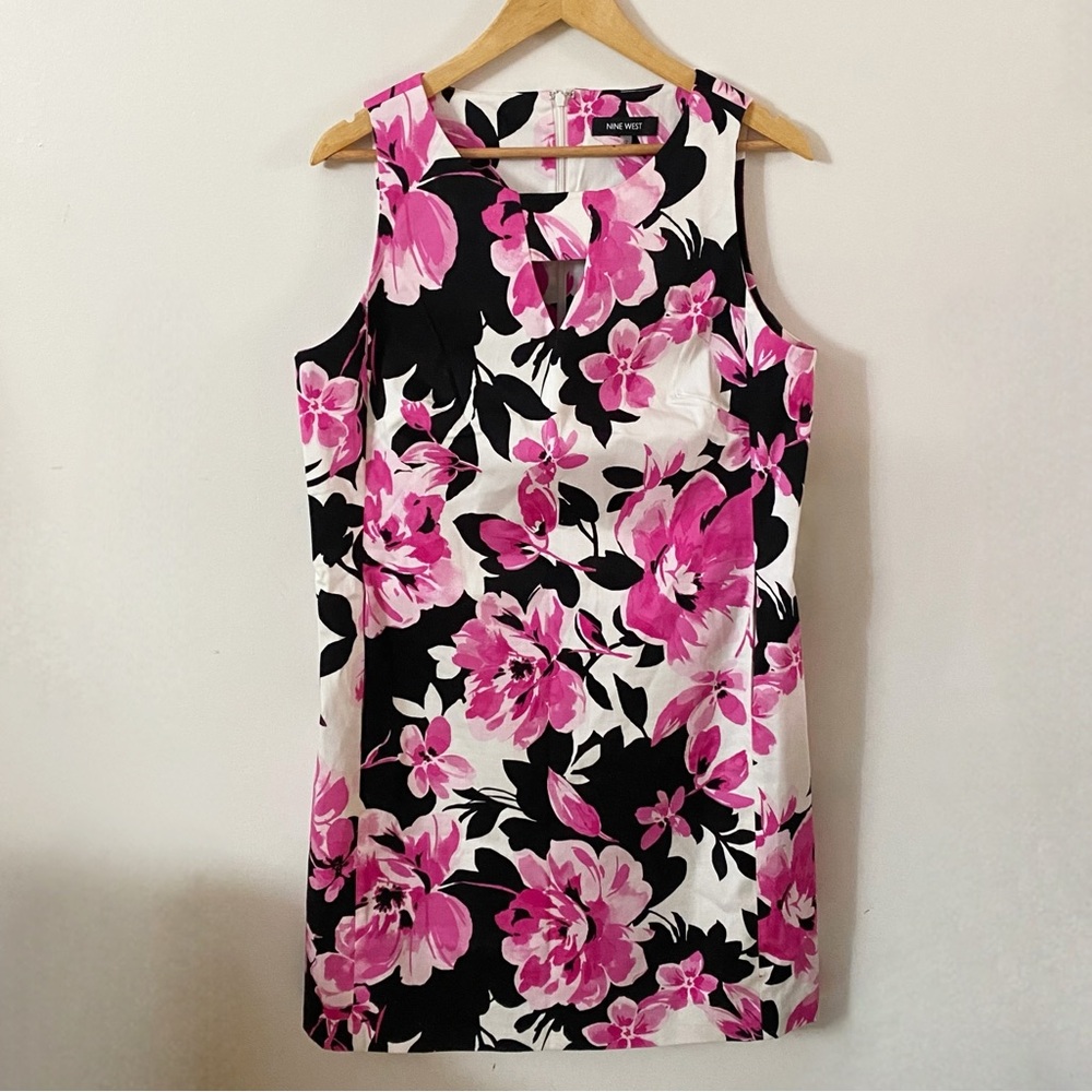 Nine West Black & Pink Floral Sleeveless Summer Shift Cocktail Dress w Pockets - Picture 7 of 12